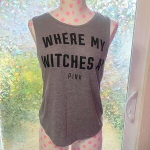 Y2K Vintage VS Pink 'Where My Witches At" Grey Oversized Croptop SZ: XS